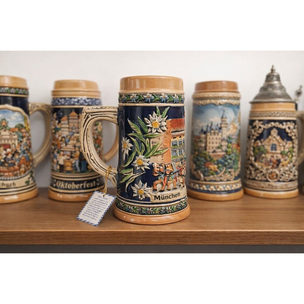 Vintage EHG German Beer Stein – Munich Souvenir, Floral Relief, Old‑World Charm!